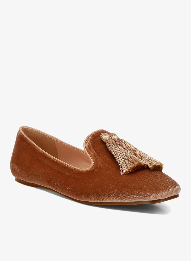London Rag Iconic Tassel Detail Velvet Loafers in Beige Brown