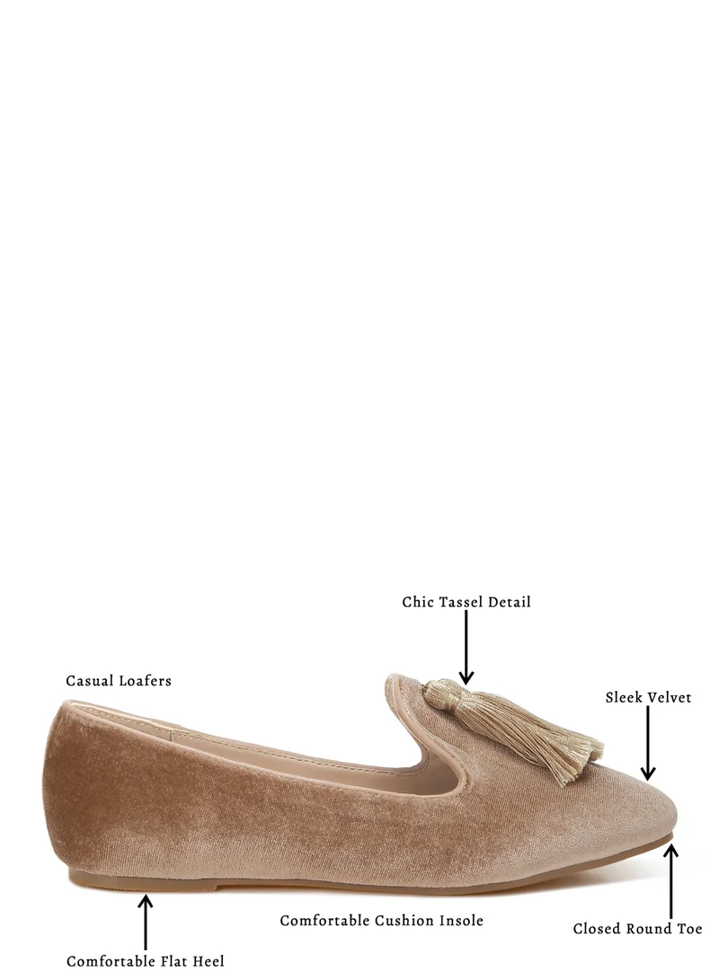 London Rag Beige Brown Iconic Tassel Detail Velvet Loafers in Beige Brown for Women | Best Price UAE
