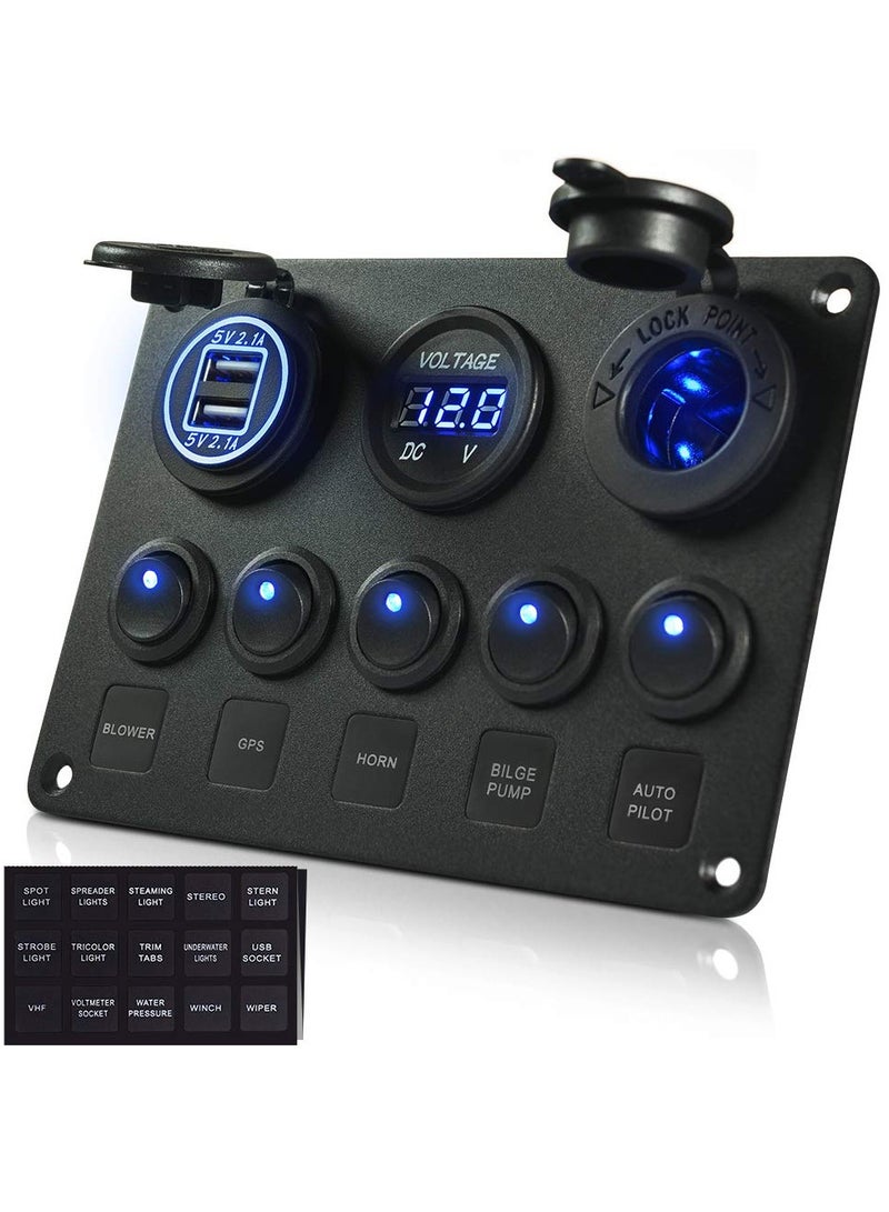 SYOSI 5 Gang Rocker Switch Panel with LED light 12V-24V Toggle Switch Panel with Dual USB Charger Digital Voltmeter Cigarette Lighter Socket for Car Trunk Boat - Image 1