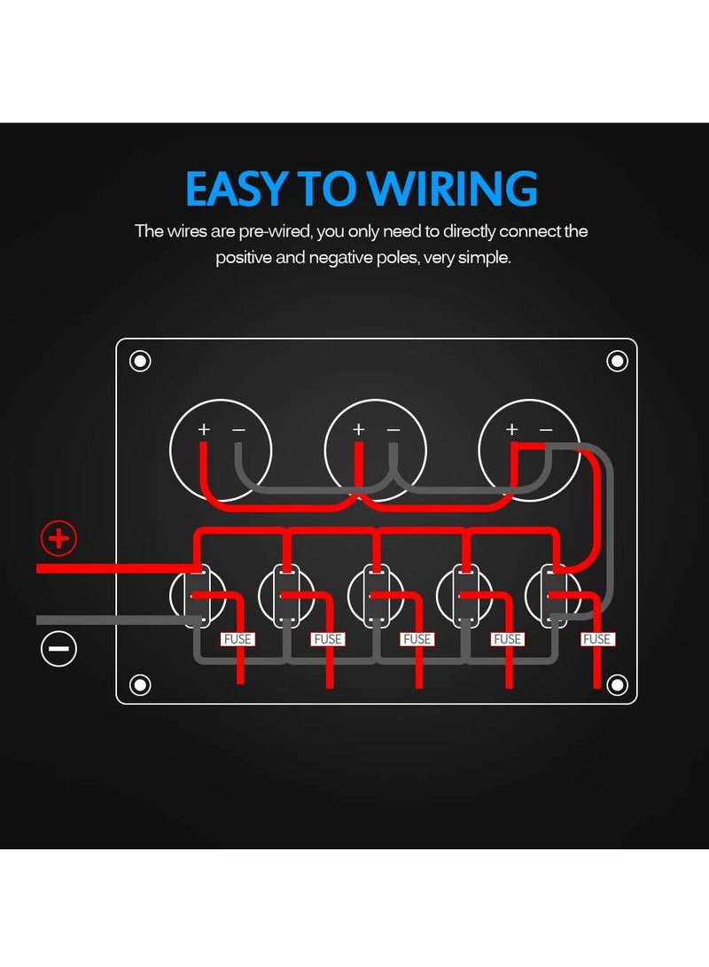 SYOSI 5 Gang Rocker Switch Panel with LED light 12V-24V Toggle Switch Panel with Dual USB Charger Digital Voltmeter Cigarette Lighter Socket for Car Trunk Boat - Image 5