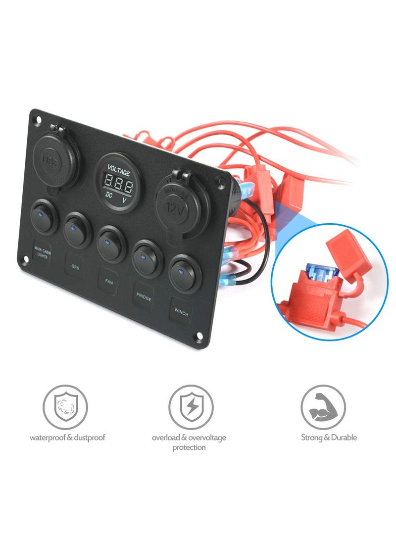 SYOSI 5 Gang Rocker Switch Panel with LED light 12V-24V Toggle Switch Panel with Dual USB Charger Digital Voltmeter Cigarette Lighter Socket for Car Trunk Boat - Image 4