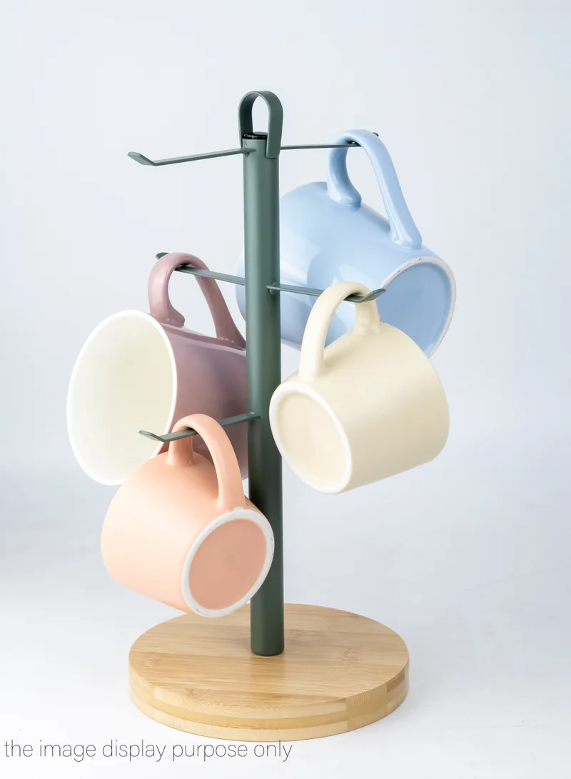 Cuisine Art EARL Dash Green Cup Holder, Coffee Tea Cups Mugs Holder with Wooden Base with Metal Hanging Loop, Countertop Mug Tree, 6 Hook Coffee Cup Dryer Stand Rack Kitchen Household Bar Accessories
