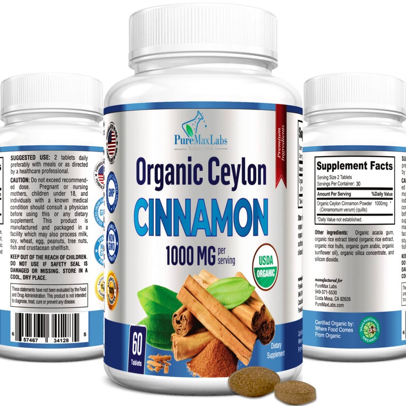YUMMYVITE Organic Ceylon Cinnamon 1000mg per Serving Certified Organic True Cinnamon Supplement antioxidant Fast Absorption 60 Tablets