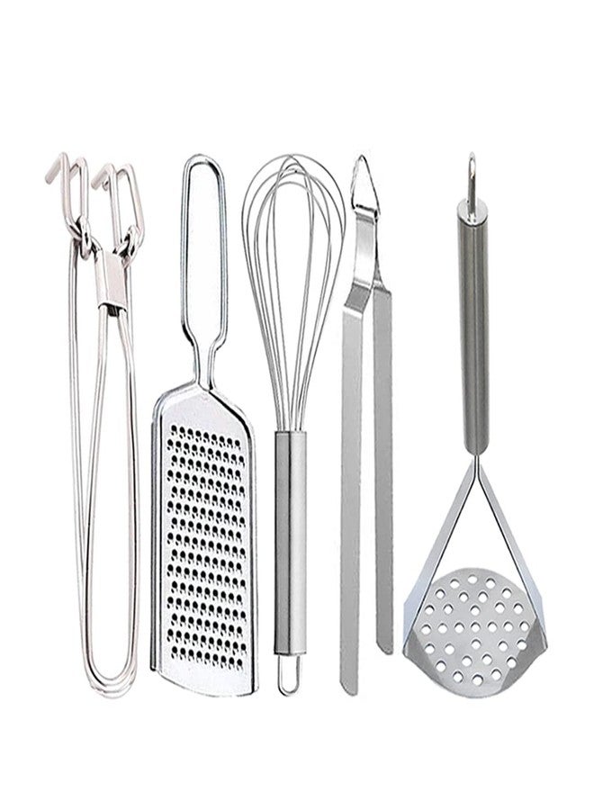 Oc9 Stainless Steel Utility Pakkad & Wire Grater & Egg Whisk & Roti Chimta & Potato Masher for Kitchen Tools Set - Image 1
