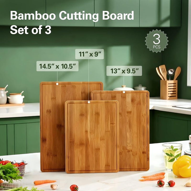Zarler Bamboo Cutting Boards for Kitchen, 3 Piece Durable Wood Cutting Board with Juice Grooves and Handles, Wooden Chopping Board Set for Meal Prep, 500℉ Carbonized Bamboo, Ideal Kitchen Gift - Image 3
