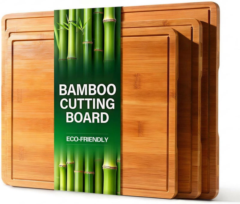 Zarler Bamboo Cutting Boards for Kitchen, 3 Piece Durable Wood Cutting Board with Juice Grooves and Handles, Wooden Chopping Board Set for Meal Prep, 500℉ Carbonized Bamboo, Ideal Kitchen Gift - Image 1