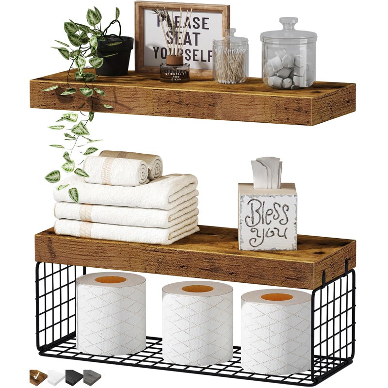 QEEIG Bathroom Shelves Over Toilet - Wall Mounted Floating Shelves Toilet Paper Storage Small Farmhouse Decor Shelf 16 inch Set of 2, Rustic Brown (019-BN2) - Image 1