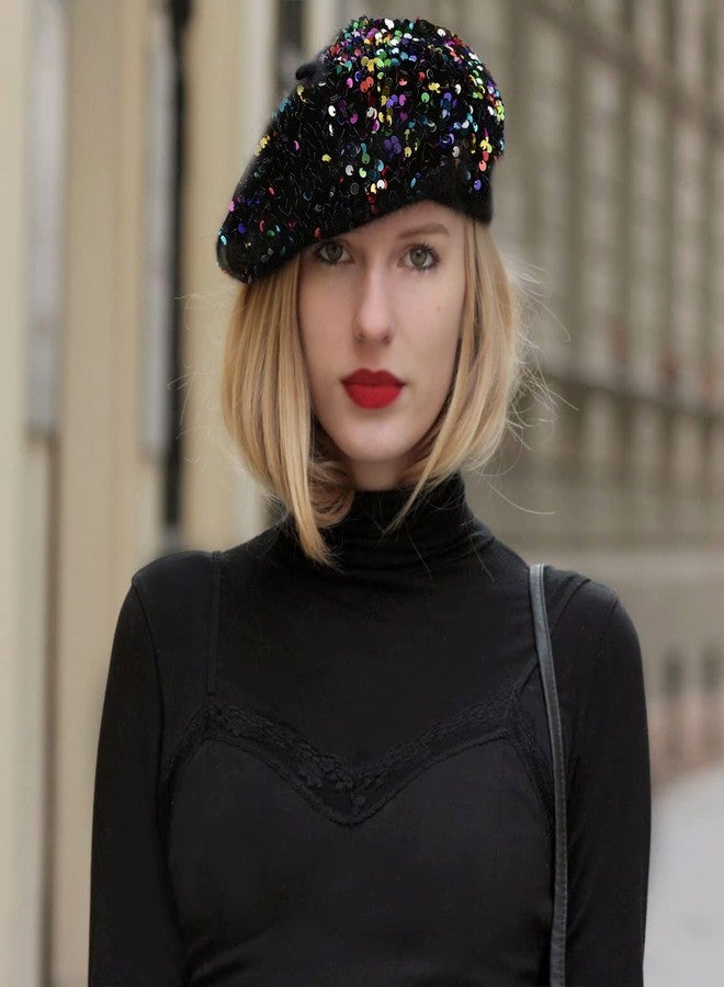 LUCKYBUNNY Sequin Beret Artist Hat Bling French Beret Hats for Women, Fascinator Hat Christmas Parties Dances Accessories (Berets Style - Black) - Image 2