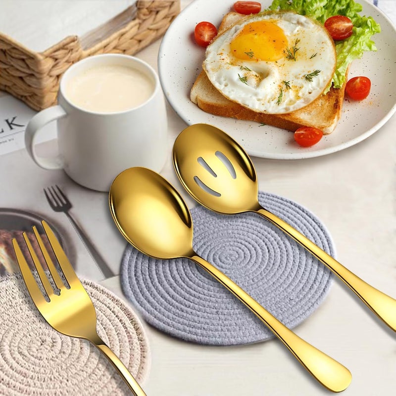 KEYOXY 6 Piece Stainless Steel Serving Spoons Set, 10-Inch, Includes 2 Spoon/Slotted/Forks for Parties/Kitchen/Buffet/Catering, Dishwasher Safee, Gold - Image 4