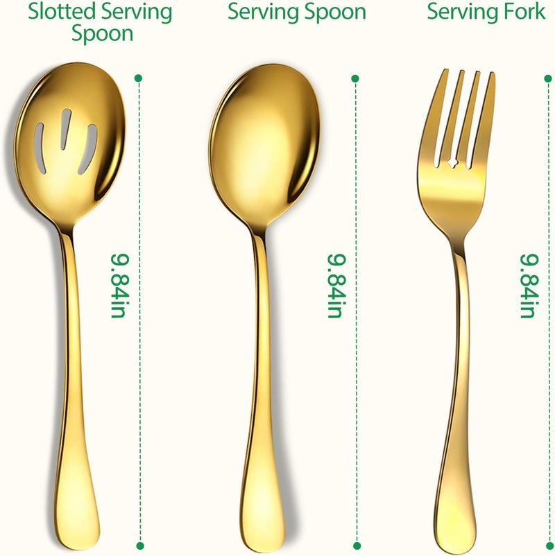 KEYOXY 6 Piece Stainless Steel Serving Spoons Set, 10-Inch, Includes 2 Spoon/Slotted/Forks for Parties/Kitchen/Buffet/Catering, Dishwasher Safee, Gold - Image 2