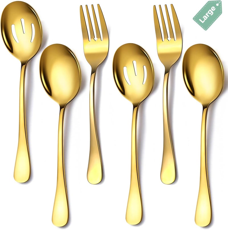 KEYOXY 6 Piece Stainless Steel Serving Spoons Set, 10-Inch, Includes 2 Spoon/Slotted/Forks for Parties/Kitchen/Buffet/Catering, Dishwasher Safee, Gold - Image 1