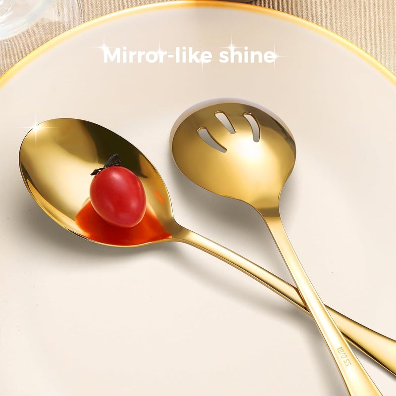 KEYOXY 6 Piece Stainless Steel Serving Spoons Set, 10-Inch, Includes 2 Spoon/Slotted/Forks for Parties/Kitchen/Buffet/Catering, Dishwasher Safee, Gold - Image 3