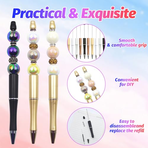 DASTTUIS 150 Pieces DIY Beadable Pens Kit - 50 plastic Beadable Pens Bulk, Refills & pen bags Included - Beaded Pens Black Ink Ballpoint Cute Pens for Students Teacher（Versatile） - Image 4