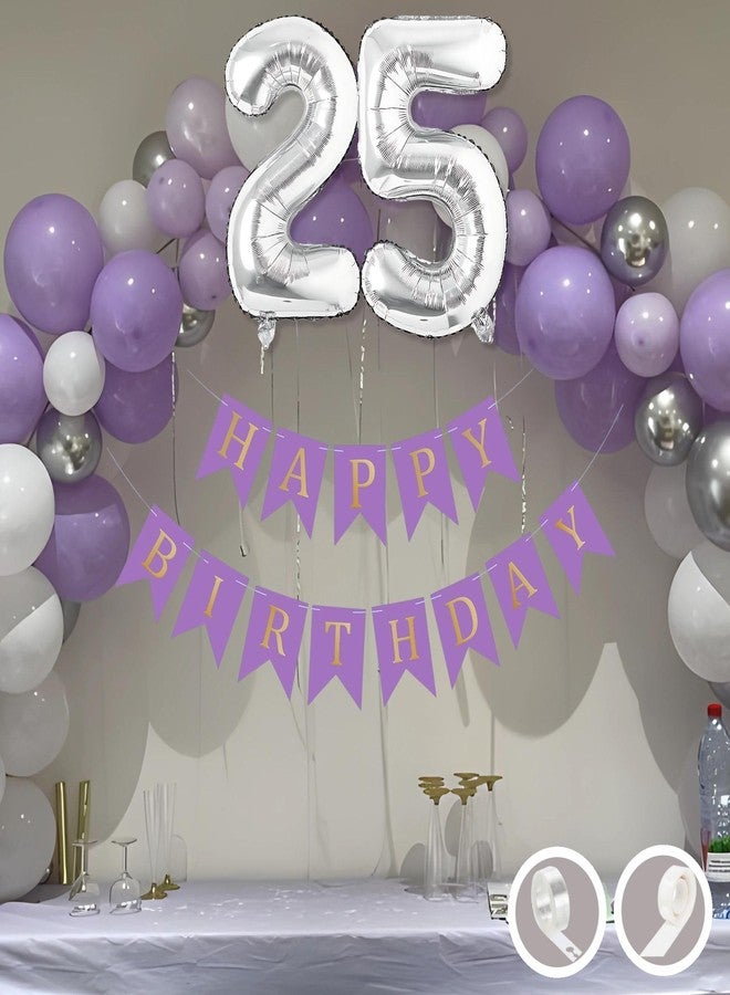 Flyloons 25th Birthday Decoration Items Purple and White Theme Combination for Boys Girls Men Women | 30 Pcs Purple White Silver Color Balloons | Purple Happy Birthday Banner | Arch Tape | Glue Dots - Image 1