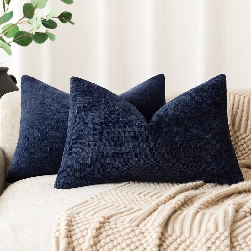 Foindtower Pack of 2 Soft Textured Throw Decorative Pillow Covers Lumbar Accent Solid Cushion Cover Cozy Farmhouse Pillow Case with Zipper for Couch Sofa Bedroom Living Room 12x20 Inch, Navy - Image 1