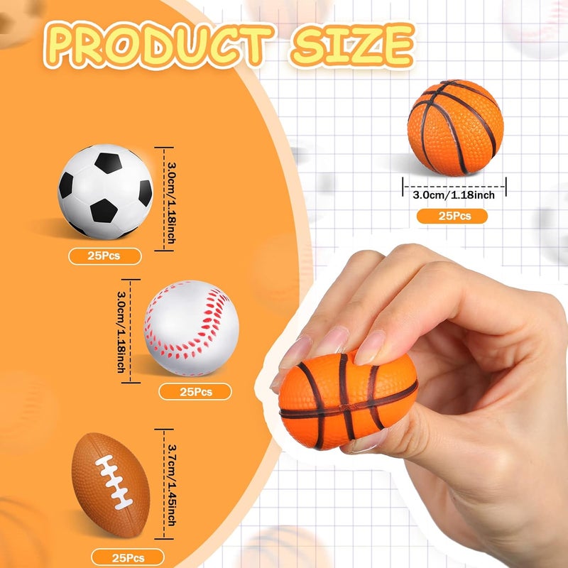Civaner 100 Pieces Mini Stress Balls Bouncy Foam Sports Balls Including Basketball Soccer Ball Baseball Football for Sports Party Favors Mini Footballs Party FavorsSmall - Image 2