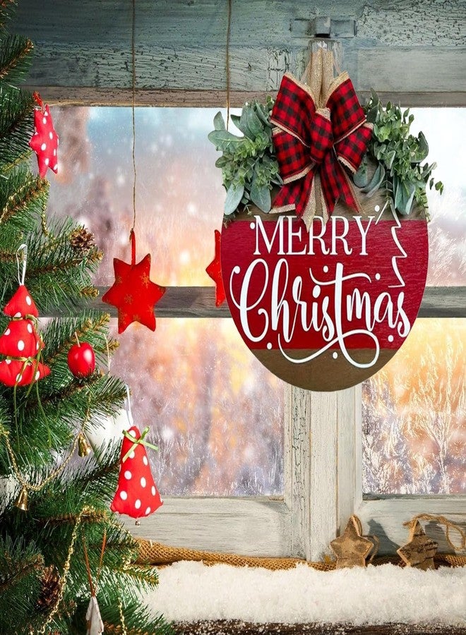 Wazoci Merry Christmas Wreath Hanging Sign for Front Door, Wooden Welcome Wreaths Sign with Bow for Holiday Rustic Farmhouse Outdoor Wall Window Decor (Merry Christmas) - Image 5