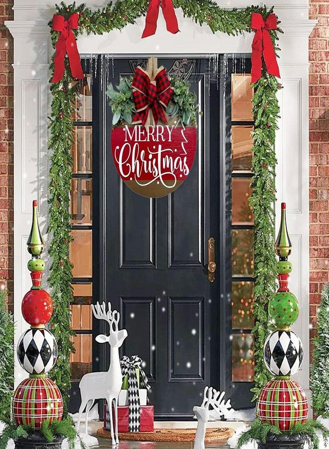 Wazoci Merry Christmas Wreath Hanging Sign for Front Door, Wooden Welcome Wreaths Sign with Bow for Holiday Rustic Farmhouse Outdoor Wall Window Decor (Merry Christmas) - Image 2