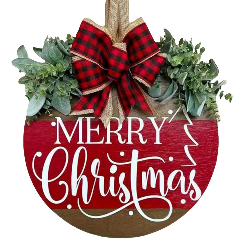 Wazoci Merry Christmas Wreath Hanging Sign for Front Door, Wooden Welcome Wreaths Sign with Bow for Holiday Rustic Farmhouse Outdoor Wall Window Decor (Merry Christmas) - Image 1