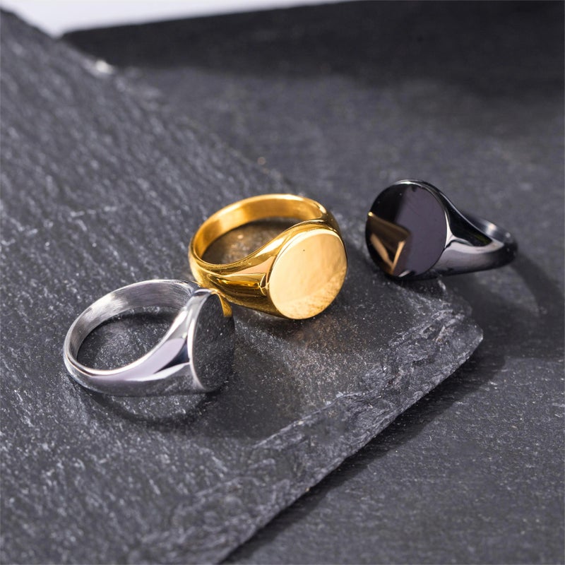 Bluejw Men's 18k Gold Plated Stainless Steel Signet Ring – Geometric Round Logo Engraved Finger Ring for Men - Image 2