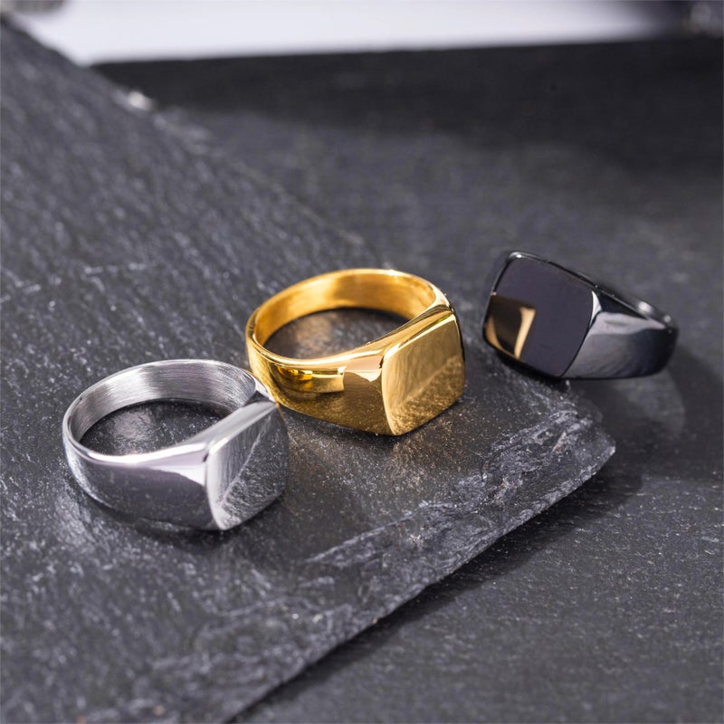 Bluejw Men's 18k Gold Plated Stainless Steel Signet Ring – Geometric Round Logo Engraved Finger Ring for Men - Image 4