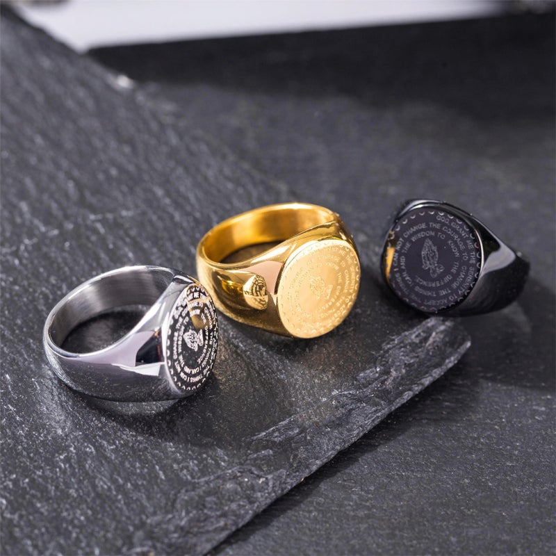 Bluejw Men's 18k Gold Plated Stainless Steel Signet Ring – Geometric Round Logo Engraved Finger Ring for Men - Image 3