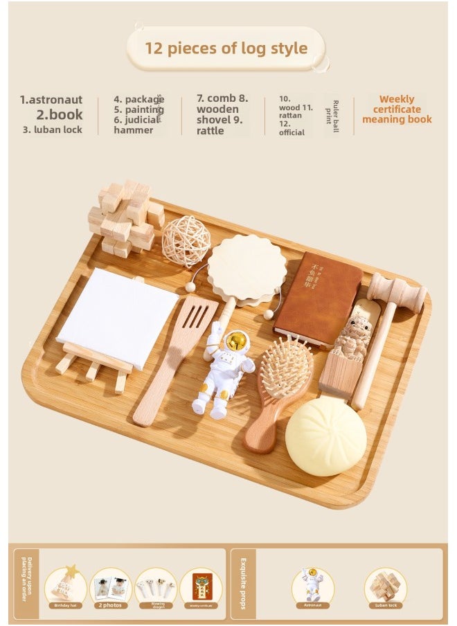Generic - Week-catching Supplies Props One-year-old Set Boys And Girls Birthday Ceremony Layout Full Set Of Log Style Lottery Carpet Modern-Color:[astronaut + Official Print] 12 Pieces Of Log Style Weekly Props [collect And Purchase To Get Birthday - Image 1