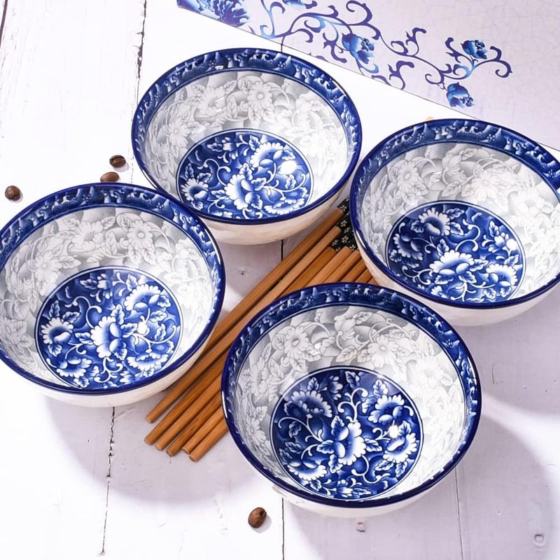 BOSILI Chinese Blue and White Ceramic Rice Bowls and Chopsticks Set of 4 for Soup Snack 4 Pieces - Image 2