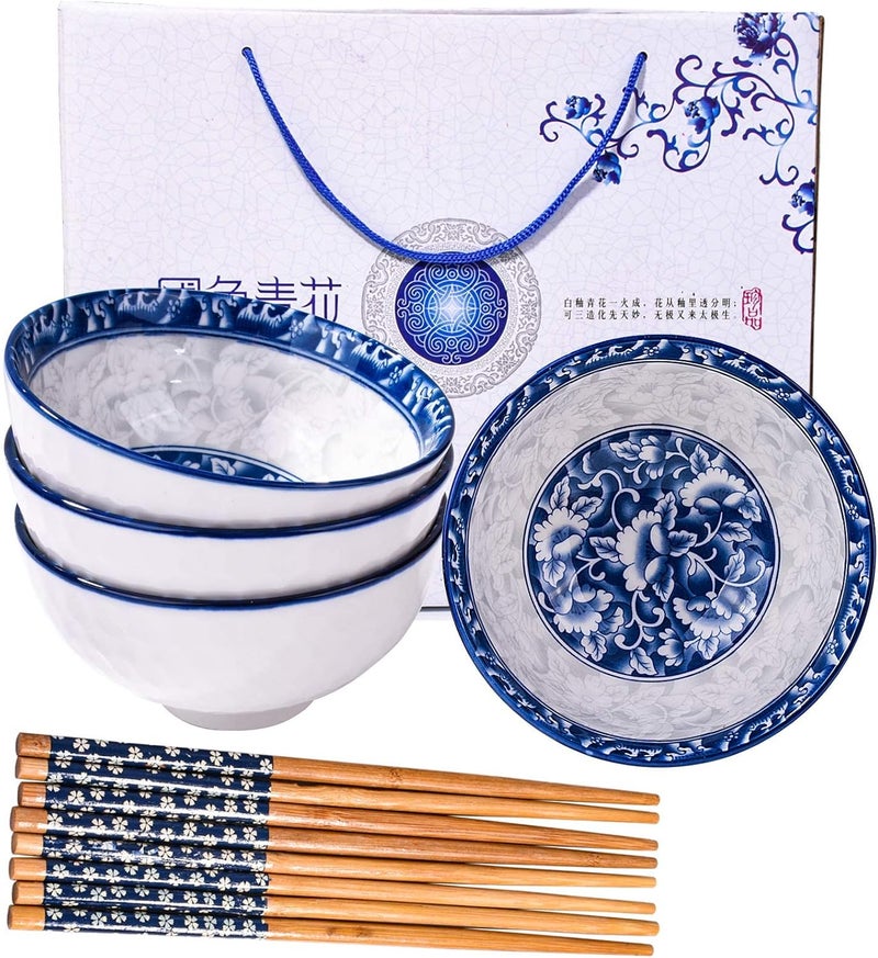 BOSILI Chinese Blue and White Ceramic Rice Bowls and Chopsticks Set of 4 for Soup Snack 4 Pieces - Image 1