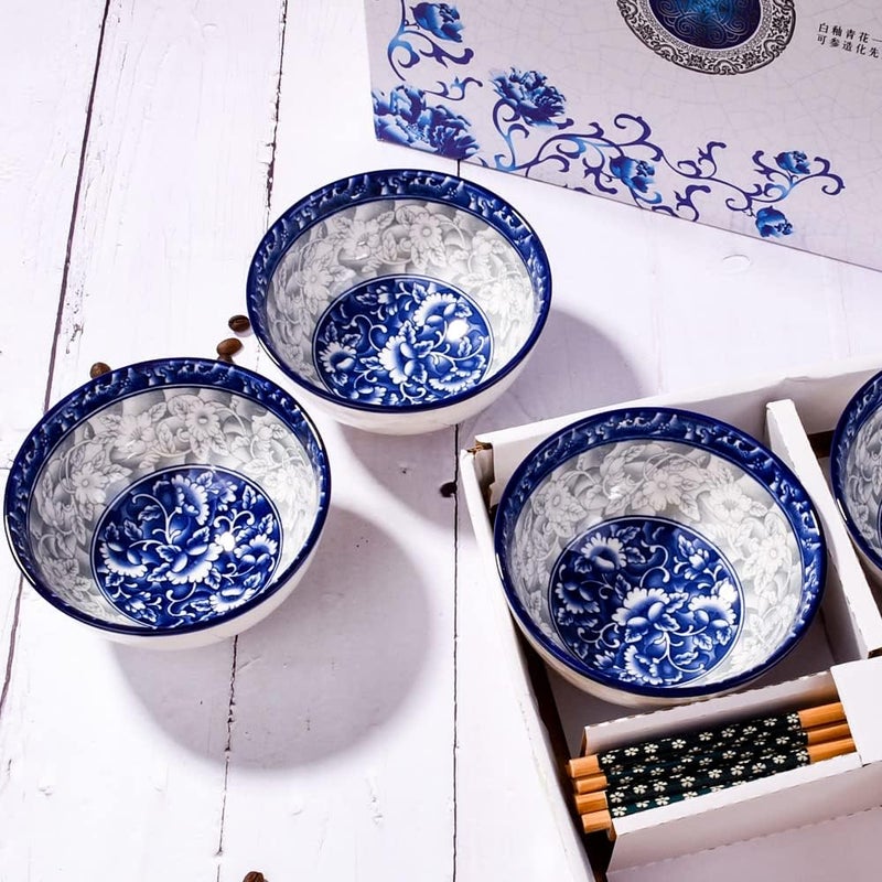 BOSILI Chinese Blue and White Ceramic Rice Bowls and Chopsticks Set of 4 for Soup Snack 4 Pieces - Image 5