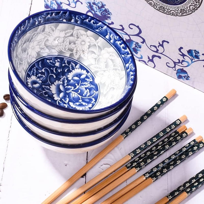 BOSILI Chinese Blue and White Ceramic Rice Bowls and Chopsticks Set of 4 for Soup Snack 4 Pieces - Image 4