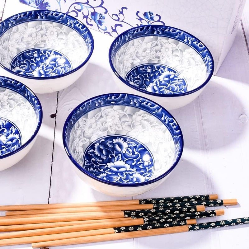 BOSILI Chinese Blue and White Ceramic Rice Bowls and Chopsticks Set of 4 for Soup Snack 4 Pieces - Image 3