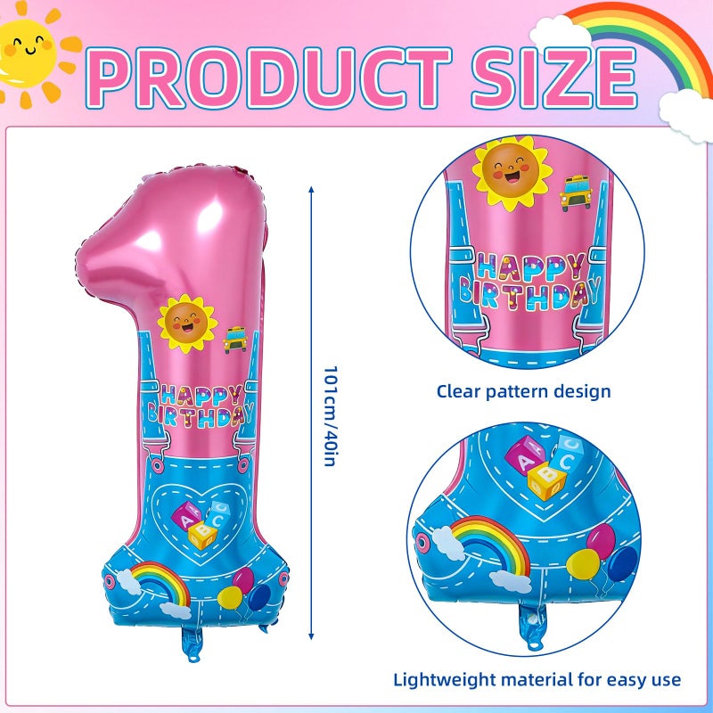 Lcoor English Teacher Birthday Decorations, 40'' Pink Teacher Fans Rainbow Number 1 Balloon for 1st Baby Shower Birthday Party Supplies (1st) - Image 2