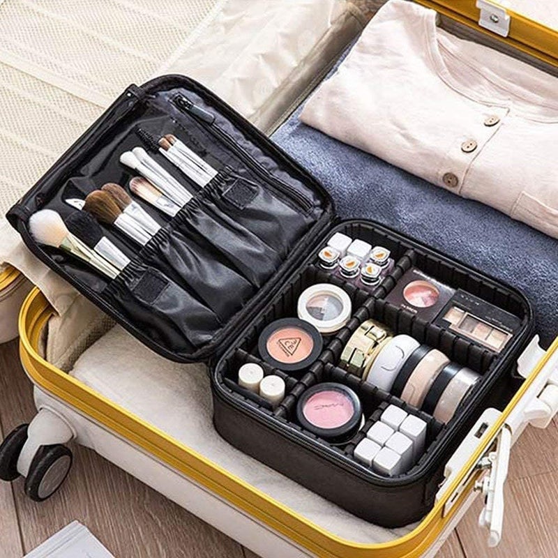NitevoMakeup Train Case  Professional Cosmetic Organizer Makeup Artist Box with Adjustable Dividers for Women  Black  White 10 Inch - Image 3