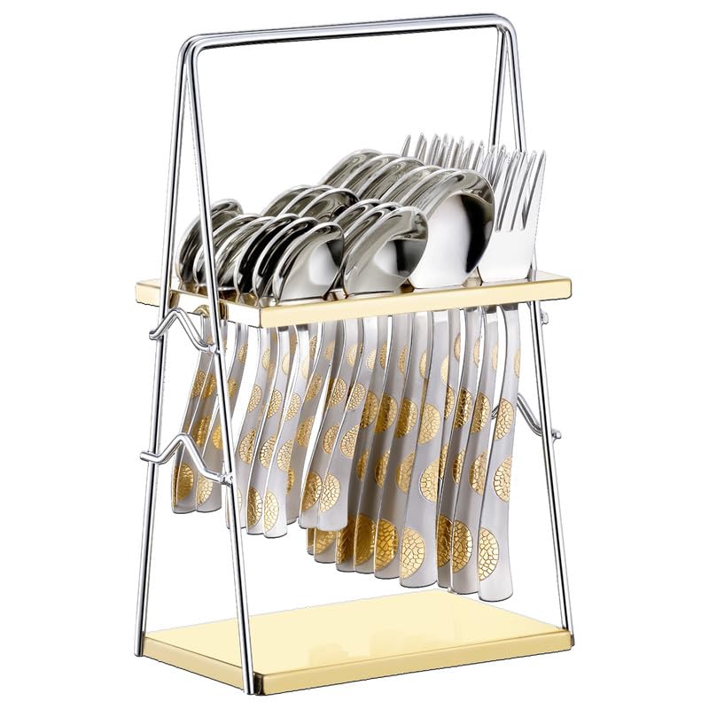 Parage 25 Pieces 24k Golden Stainless Steel Cutlery Set with Stand for Home & Kitchen(6 Pcs Each Table Spoons, Forks, Dinner Spoons, Tea Spoons, 1 Pc Cutlery Stand) 24 Karat Gold Plated Set (Regal) - Image 1