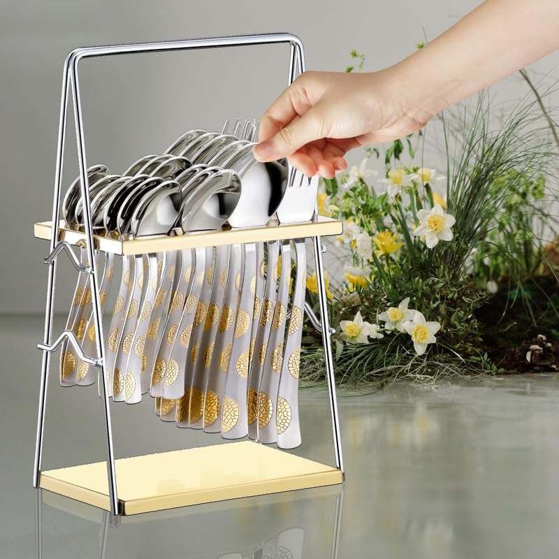 Parage 25 Pieces 24k Golden Stainless Steel Cutlery Set with Stand for Home & Kitchen(6 Pcs Each Table Spoons, Forks, Dinner Spoons, Tea Spoons, 1 Pc Cutlery Stand) 24 Karat Gold Plated Set (Regal) - Image 5