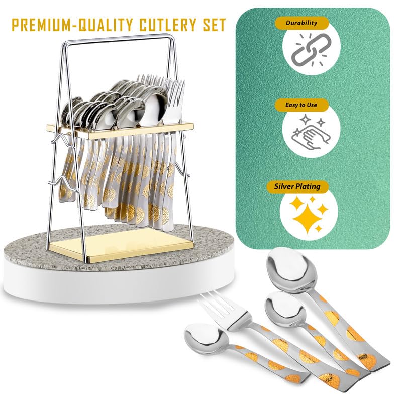 Parage 25 Pieces 24k Golden Stainless Steel Cutlery Set with Stand for Home & Kitchen(6 Pcs Each Table Spoons, Forks, Dinner Spoons, Tea Spoons, 1 Pc Cutlery Stand) 24 Karat Gold Plated Set (Regal) - Image 4
