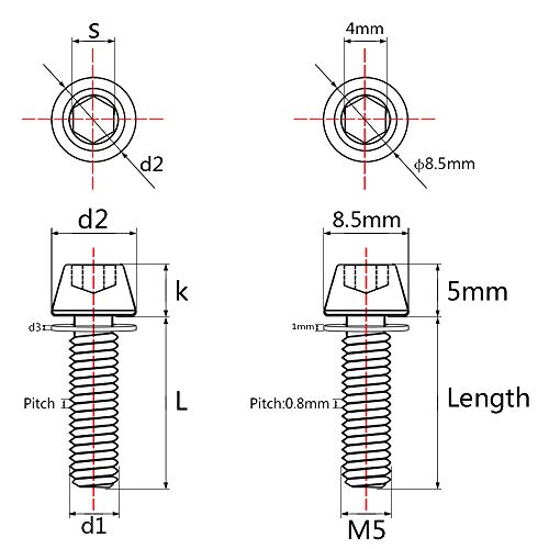 Wanyifa Titanium Ti Allen Hex M5x16 18mm Tapered Head Bolt with Washer Screw for Bicycle Stem Parts Pack of 6 (Black, M5x18mm) - Image 2
