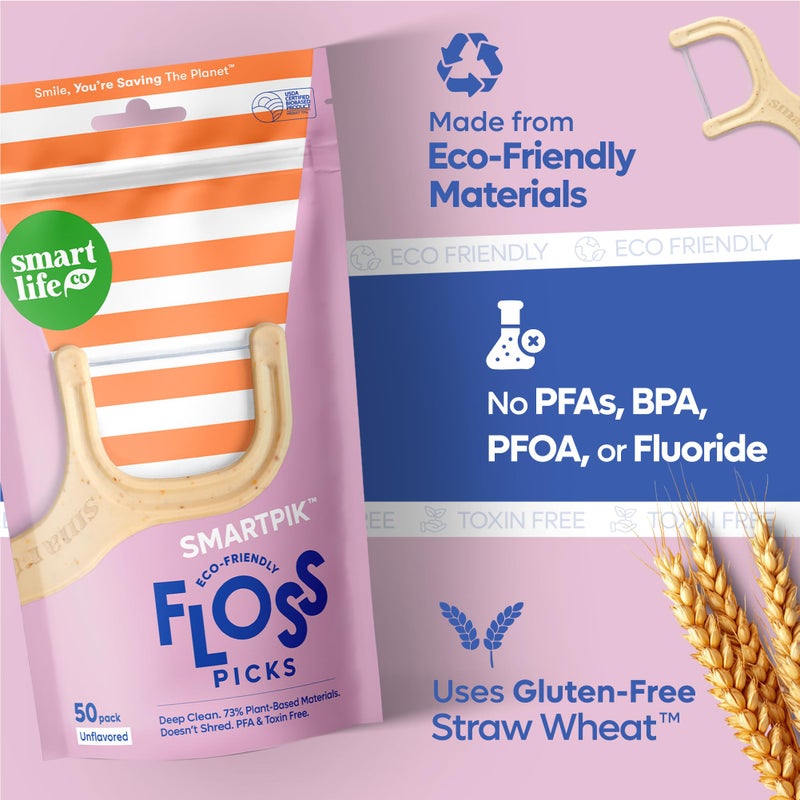 SmartLifeco Eco-Friendly Dental Floss Picks (100ct) - Flossers Made With Straw Wheat Blend, Strong Anti-Shred Thread For Tight Gaps, Tooth Pick Stick For Adults, Soft on Gum & Teeth, Vegan, Unflavored - Image 5