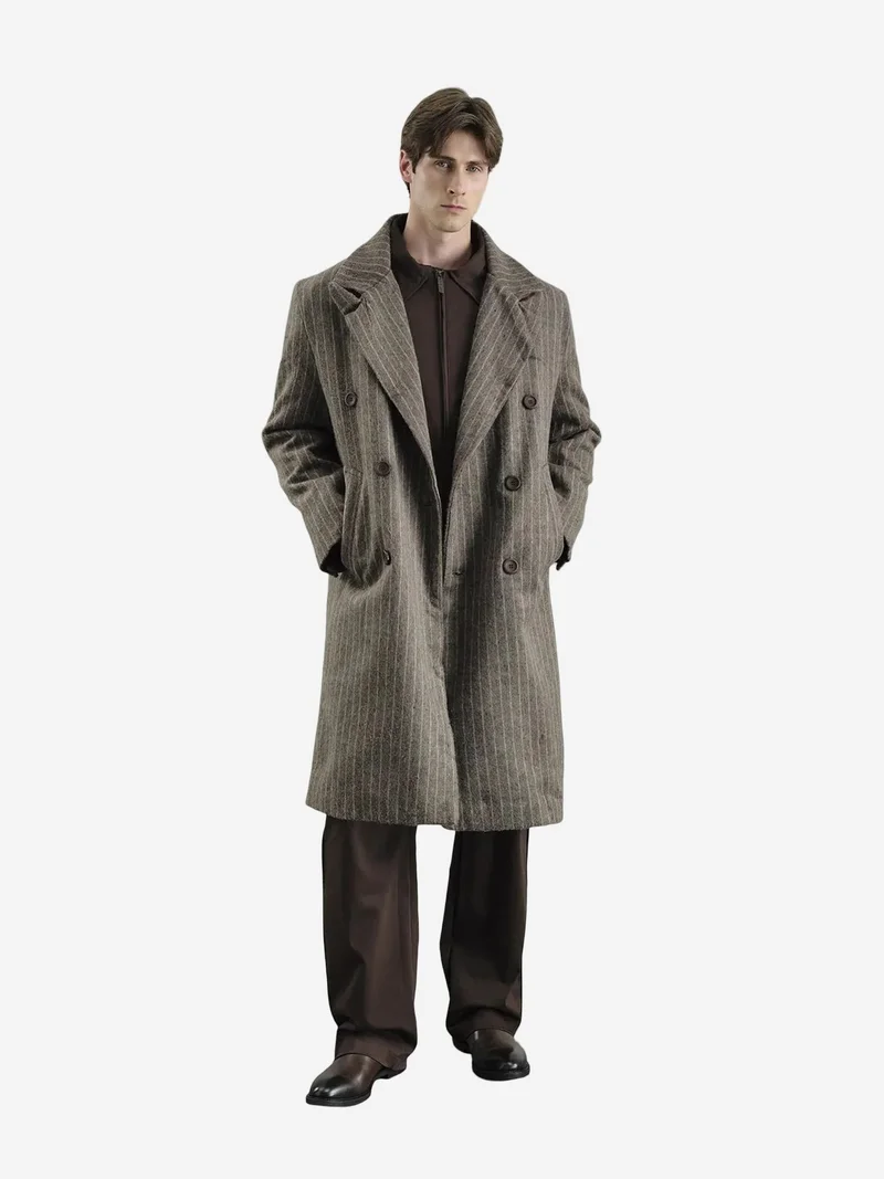 Giesto Double Breasted Striped Long Overcoat