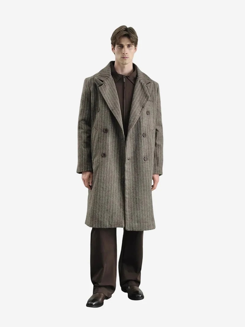 Giesto Double Breasted Striped Long Overcoat