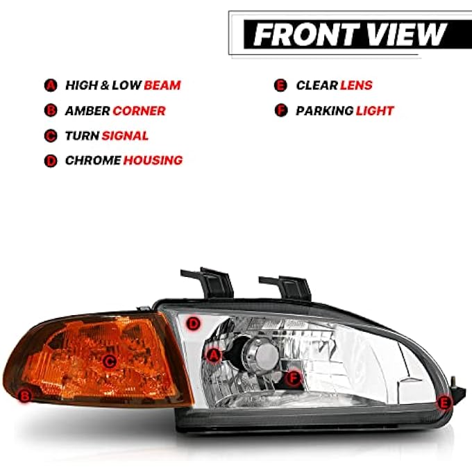 M-AUTO LhRh Oe Style Chrome Housing Amber Corner Headlights Assembly Compatible With 1992 1993 1994 1995 Honda Civic 23Dr - Image 4