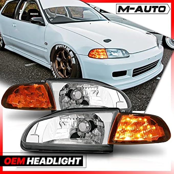 M-AUTO LhRh Oe Style Chrome Housing Amber Corner Headlights Assembly Compatible With 1992 1993 1994 1995 Honda Civic 23Dr - Image 3