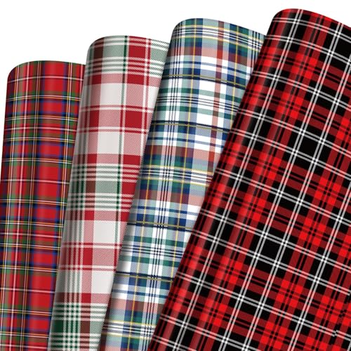 Watersay 12 Sheets Tartan Plaid Christmas Wrapping Paper 20 x 28 Inches Gift Wrap Packaging Red Black White and Green Tartan Wrapping Paper for Holiday Christmas Birthday Party Supplies - Image 1