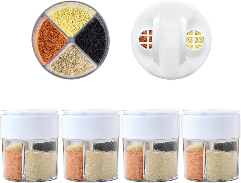 HANZE 4-Pack 4 in 1 Salt and Pepper Shaker Jars Bottles, 4-Grid Flip Lid Spice Jars - Cylindrical Empty Plastic Seasoning Containers with Transparent Body for Travel Camping BBQ Kitchen Cooking (White) - Image 1