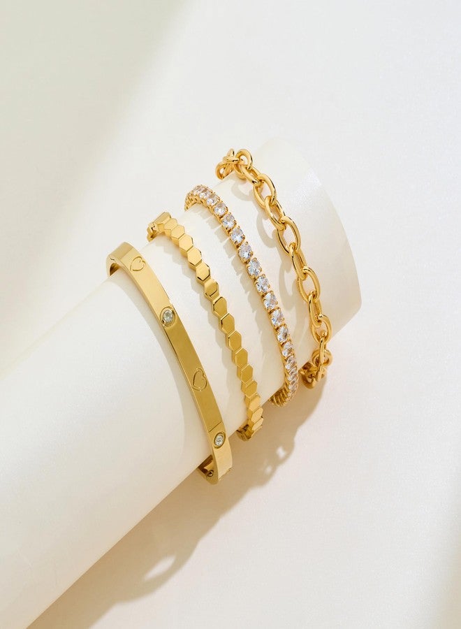 WOWORAMA 4Pcs Gold Bracelets Stack for Women Trendy Tennis Bracelet Stackable Crystal Heart Bangles Multi Layered Link Bracelet Set Fashion Jewelry - Image 3