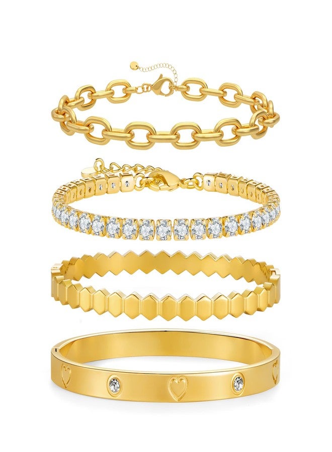 WOWORAMA 4Pcs Gold Bracelets Stack for Women Trendy Tennis Bracelet Stackable Crystal Heart Bangles Multi Layered Link Bracelet Set Fashion Jewelry - Image 1