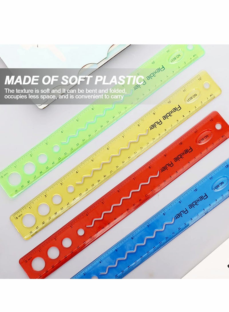 Flexible Ruler Set, 8 Pcs 30cm/12inch Translucent Ruler, 4 Colors Soft Plastic Ruler with Inches and Metric Dual Side Rulers Bendable Ruler
