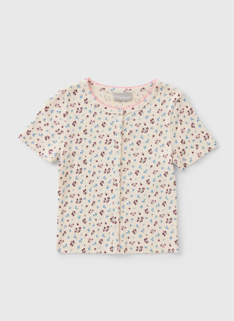 ماتلان Girls Cream Ditsy Print Button Front T-Shirt
