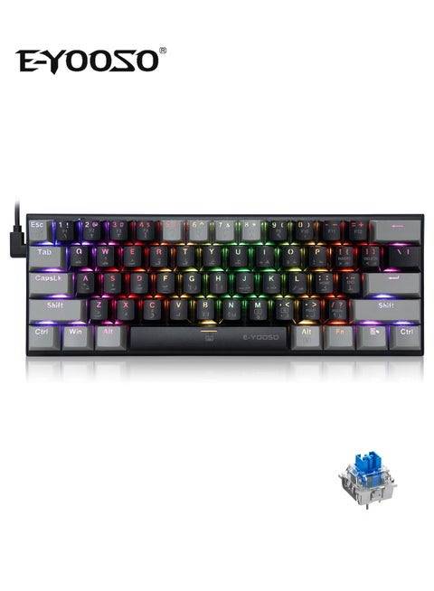 لوحة مفاتيح ميكانيكية Z-11 60% سلكية RGB مع تخطيط عربي وإنجليزي، 61 مفتاحًا، لوحة مفاتيح مدمجة للألعاب مع مفاتيح زرقاء قابلة للتبديل الساخن لنظام Windows وMac وPS (أسود رمادي)